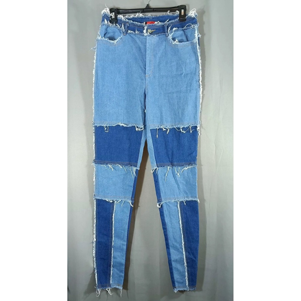 womens jeans patchwork large blue denim frayed Stretch 90s boho y2k
